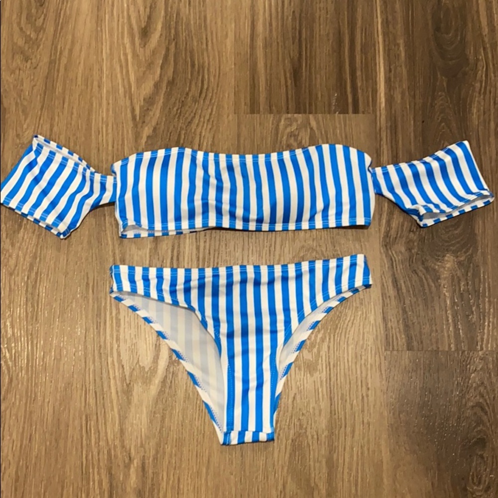 Blue and White Striped Off the shoulder Bikini